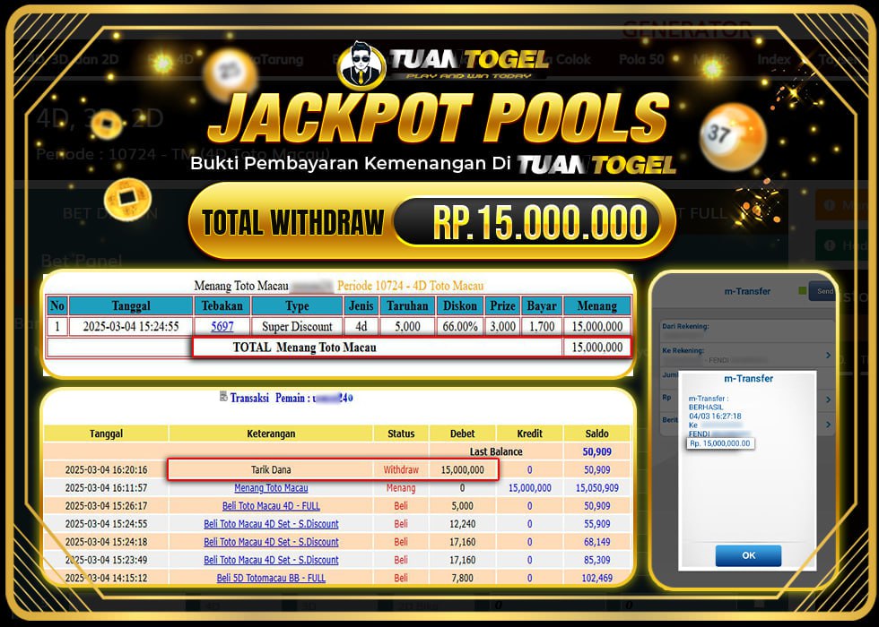 TUANTOGEL JACKPOT TOTOMACAU Rp15.000.000, - LUNAS