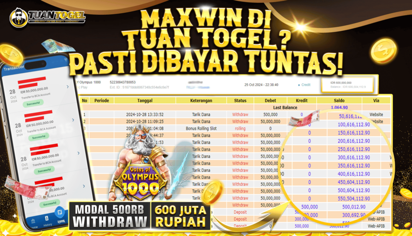 TUANTOGEL JACKPOT SLOT OLYMPUS 1000 Rp600.000.000, - LUNAS