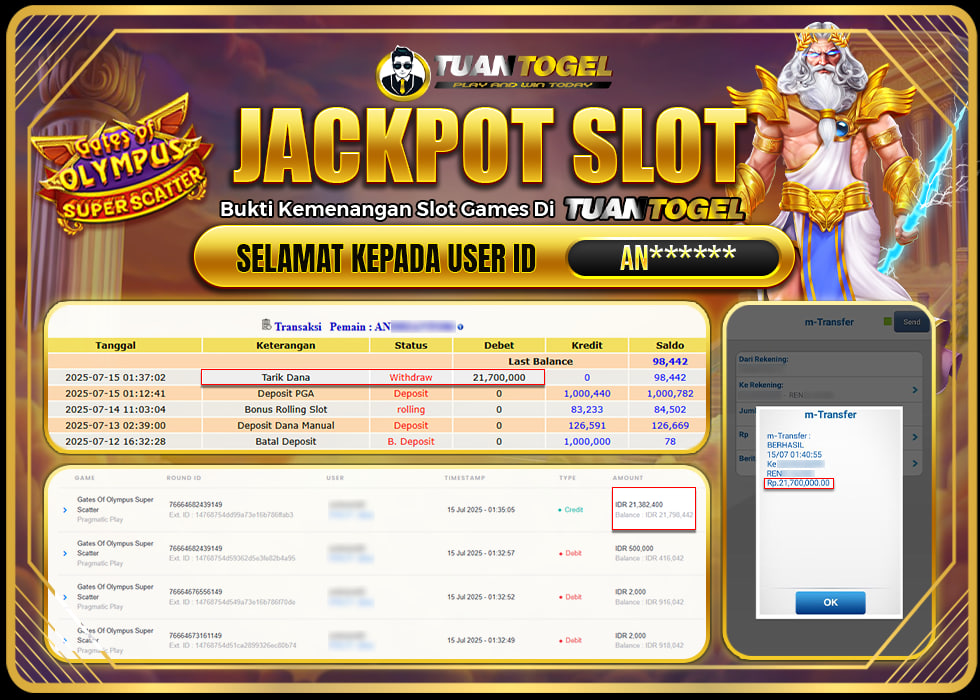 TUANTOGEL JACKPOT SLOT GATES OF OLYMPUS SUPER SCATTER Rp21.700.000, - LUNAS