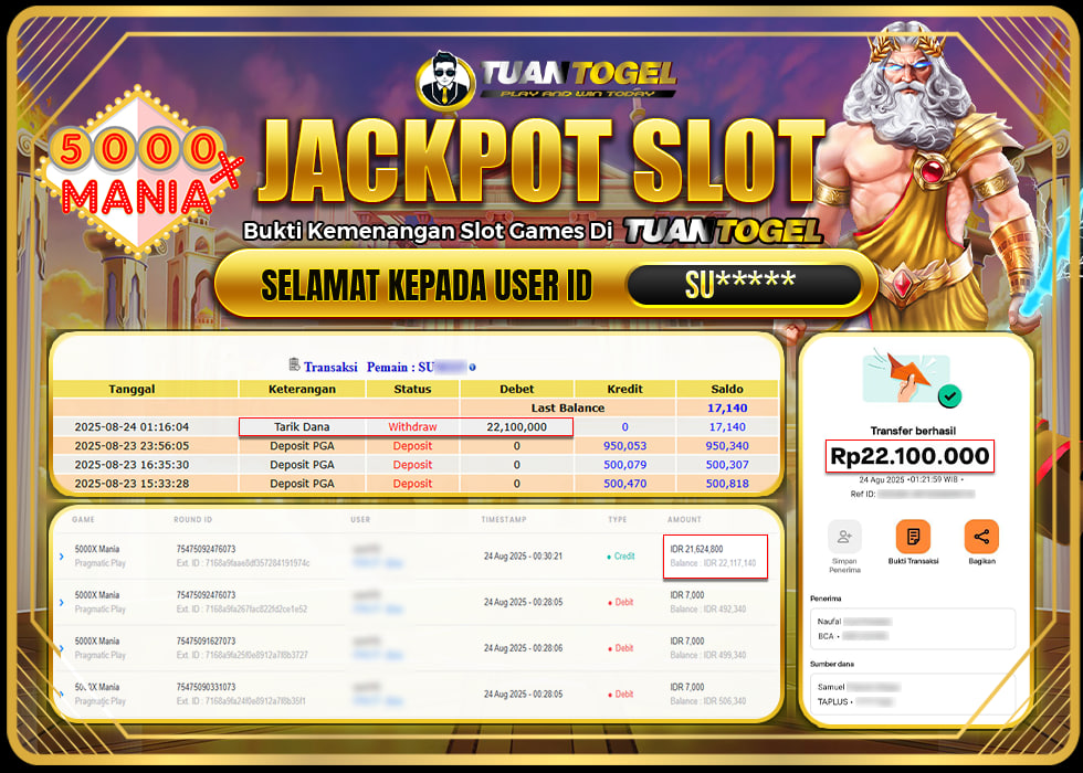 TUANTOGEL JACKPOT SLOT 5000X MANIA Rp22.100.000,- LUNAS