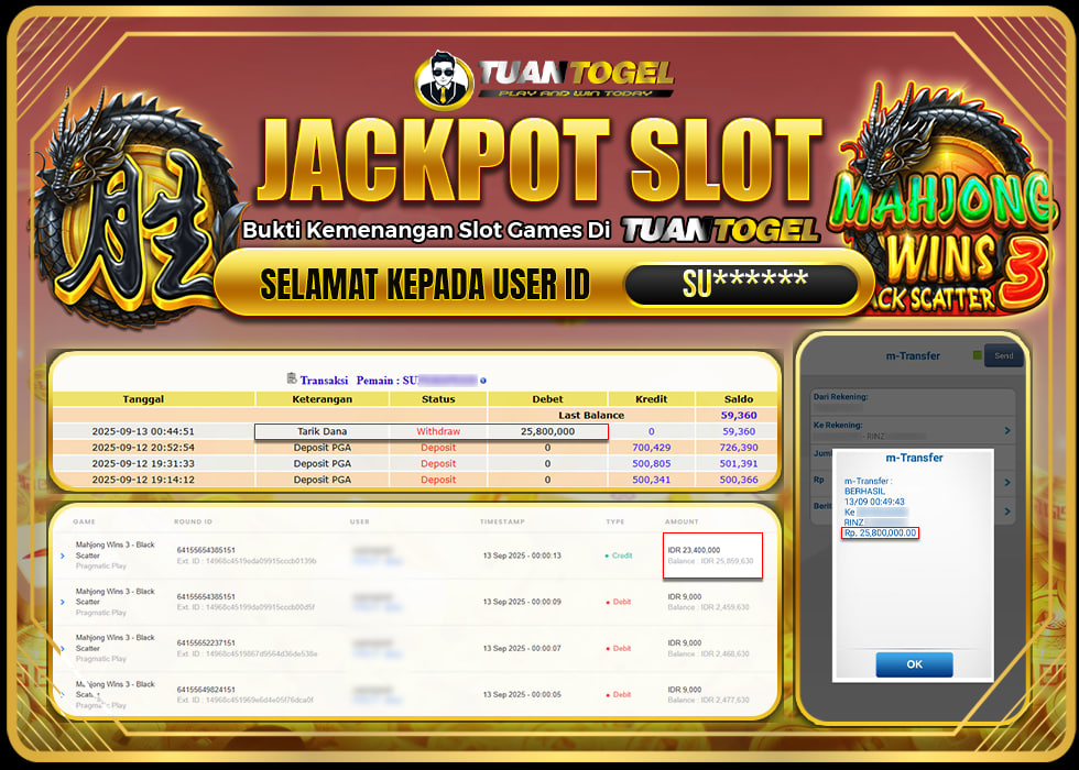 TUANTOGEL JACKPOT SLOT MAHJONG WINS 3 -BLACK SCATTER Rp25.800.000,- LUNAS