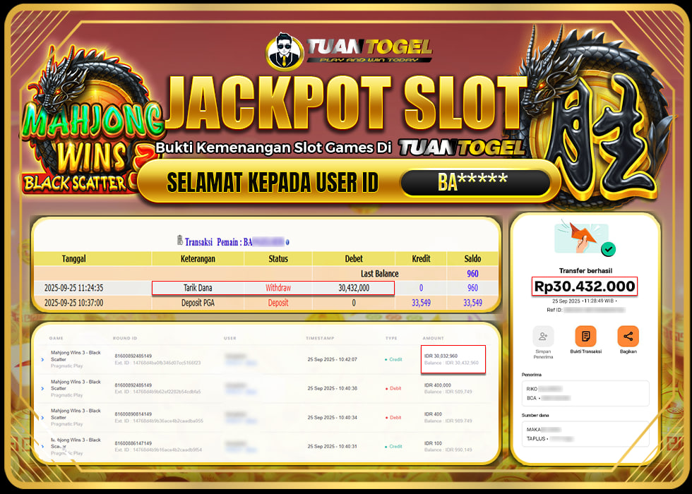 TUANTOGEL JACKPOT SLOT MAHJONG WINS 3 -BLACK SCATTER Rp30.432.000,- LUNAS