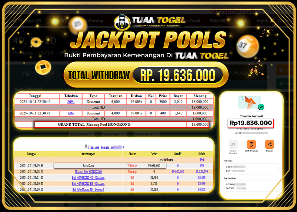 TUANTOGEL JACKPOT TOGEL HONGKONG Rp 19.636.000,- LUNAS  