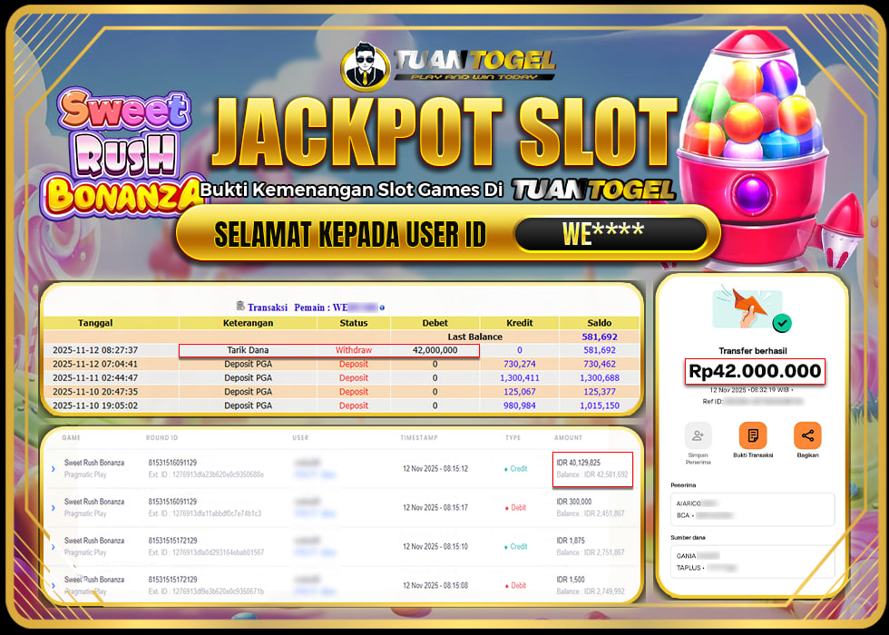 TUANTOGEL JACKPOT SLOT SWEET RUSH BONANZA Rp42.000.000, - LUNAS 