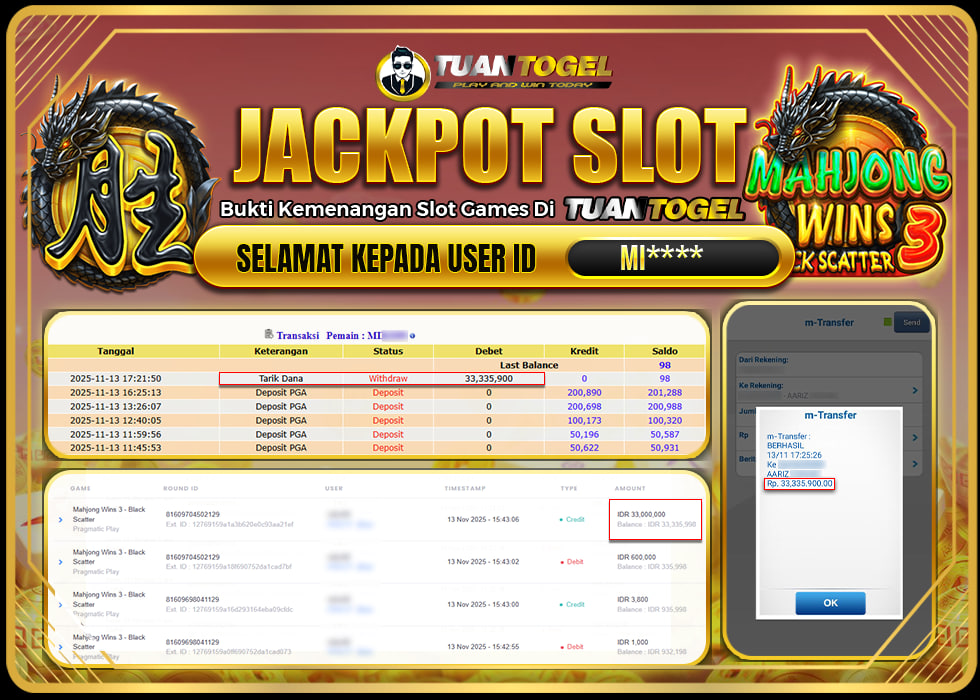TUANTOGEL JACKPOT SLOT MAHJONG WINS 3 -BLACK SCATTERRp33.335.900,- LUNAS
