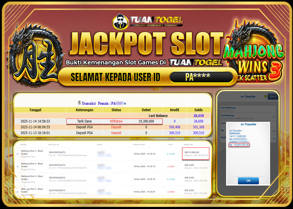 TUANTOGEL JACKPOT SLOT MAHJONG WINS 3 -BLACK SCATTERRp19.300.000,- LUNAS