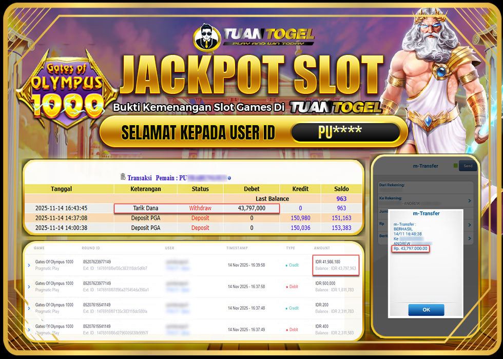 TUANTOGEL JACKPOT SLOT GATES OF OLYMPUS 1000Rp 43.797.000,- LUNAS