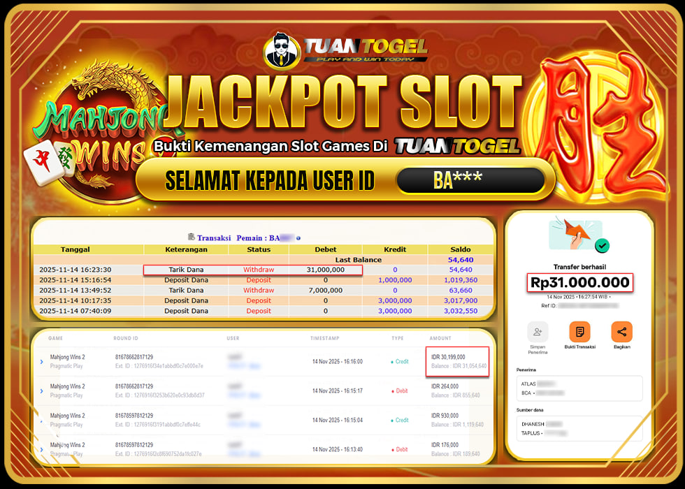 TUANTOGEL JACKPOT SLOT MAHJONG WINS 2 Rp31.000.000,- LUNAS