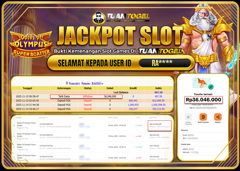 TUANTOGEL JACKPOT SLOT GATES OF OLYMPUS SUPER SCATTERRp36.046.000