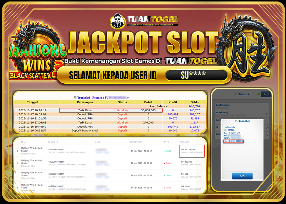 TUANTOGEL JACKPOT SLOT MAHJONG WINS 3 -BLACK SCATTERRp30.000.000,- LUNAS