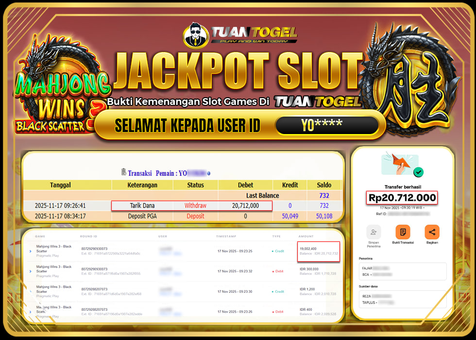 TUANTOGEL JACKPOT SLOT MAHJONG WINS 3 -BLACK SCATTERRp20.712.000,- LUNAS