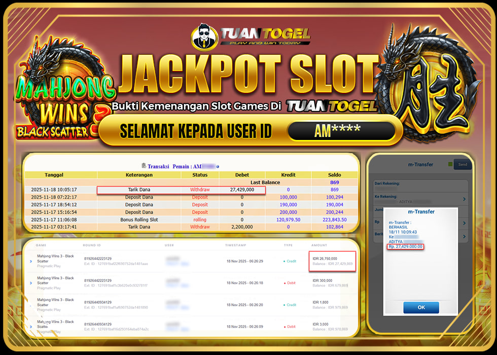 TUANTOGEL JACKPOT SLOT MAHJONG WINS 3 -BLACK SCATTERRp27.429.000,- LUNAS