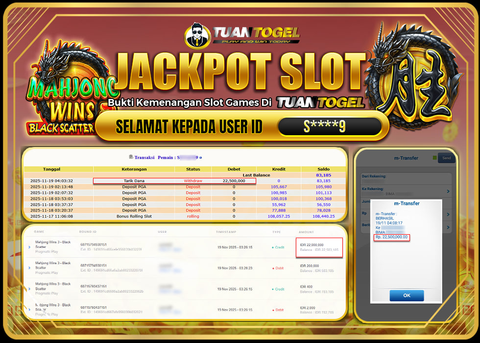 TUANTOGEL JACKPOT SLOT MAHJONG WINS 3 -BLACK SCATTER Rp22.500.000,- LUNAS