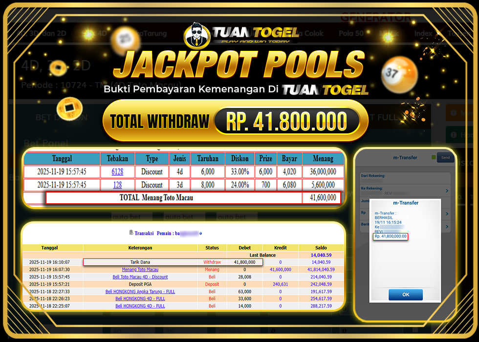 TUANTOGEL JACKPOT TOGEL TOTO MACAURp41.600.000, - LUNAS