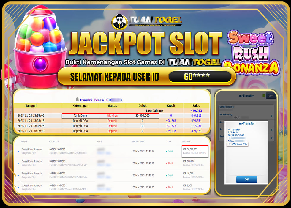 TUANTOGEL JACKPOT SLOT SWEET RUSH BONANZA Rp30.000.000, - LUNAS 