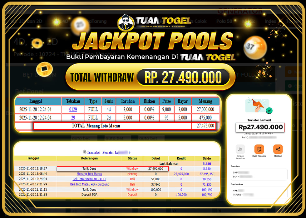 TUANTOGEL JACKPOT TOGEL TOTO MACAURp27.490.000, - LUNAS