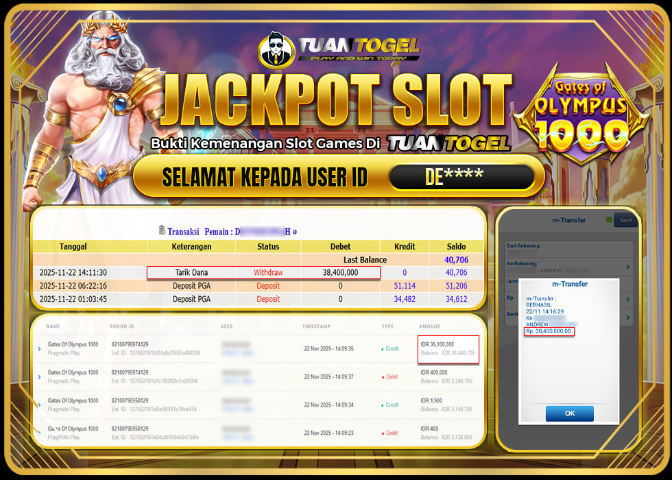 TUANTOGEL JACKPOT SLOT GATES OF OLYMPUS 1000 Rp 38.400.000,- LUNAS