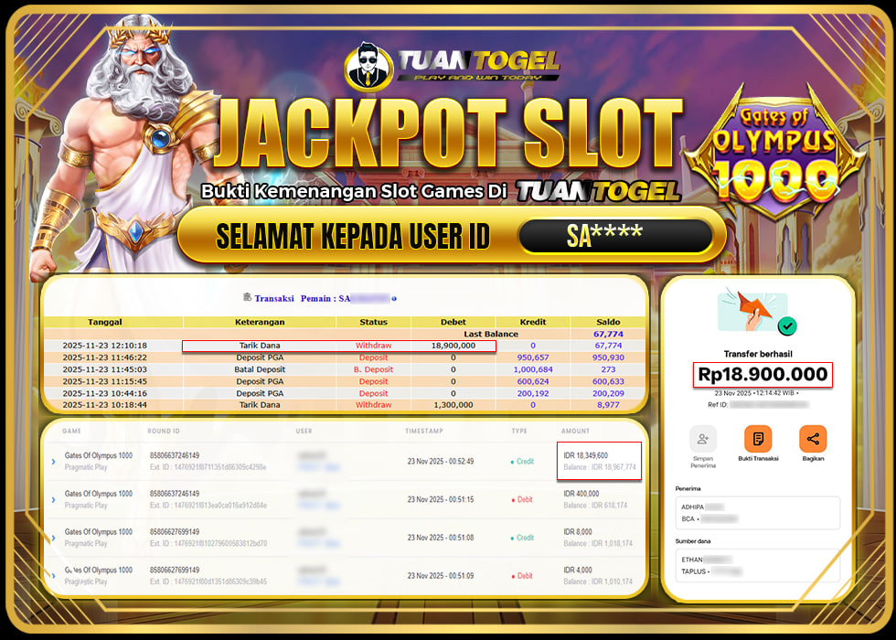 TUANTOGEL JACKPOT SLOT GATES OF OLYMPUS 1000 Rp 18.900.000,- LUNAS