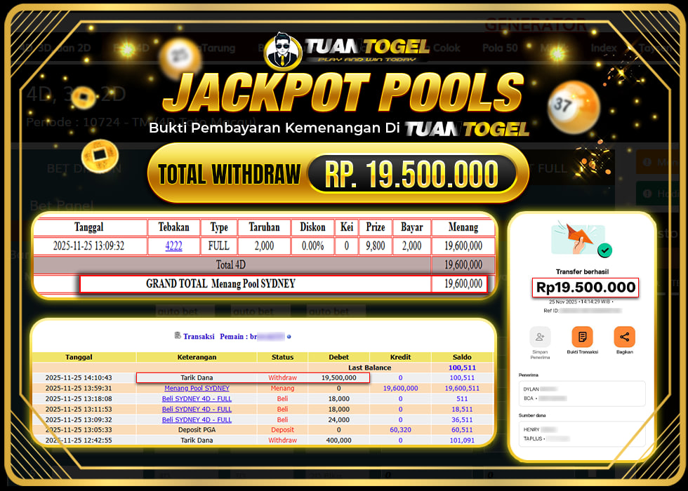 TUANTOGEL JACKPOT TOGEL SYDNEYRp19.500.000,- LUNAS  