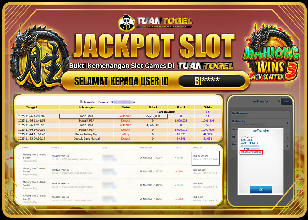 TUANTOGEL JACKPOT SLOT MAHJONG WINS 3 -BLACK SCATTER Rp25.719.000,- LUNAS