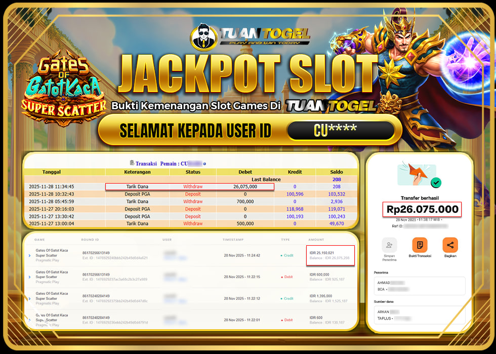 TUANTOGEL JACKPOT SLOT GATES OF GATOT KACA SUPER SCATTER  Rp26.075.000, - LUNAS