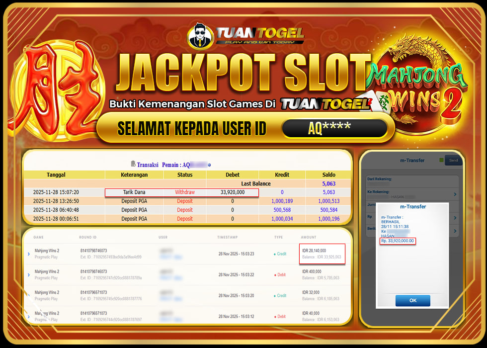 TUANTOGEL JACKPOT SLOT SLOT MAHJONG WINS 2 Rp33.920.000,- LUNAS