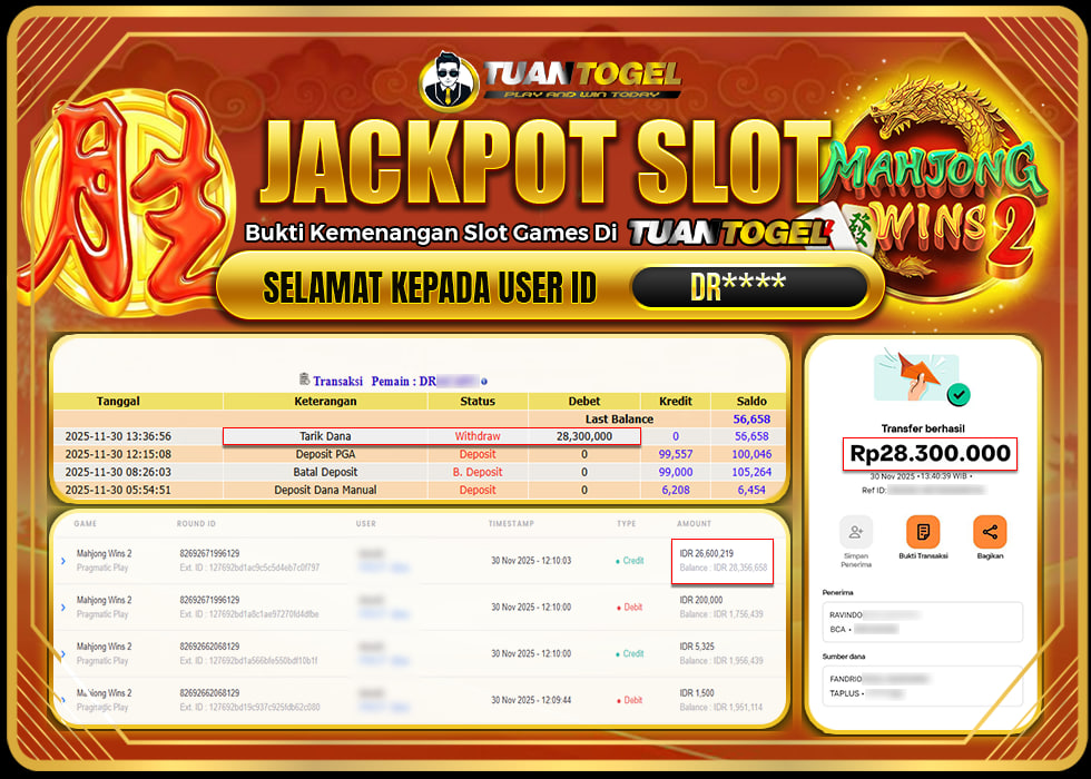 TUANTOGEL JACKPOT SLOT SLOT MAHJONG WINS 2 Rp28.300.000,- LUNAS