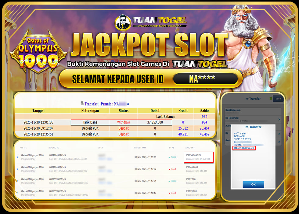 TUANTOGEL JACKPOT SLOT GATES OF OLYMPUS 1000 Rp 37.353.000,- LUNAS