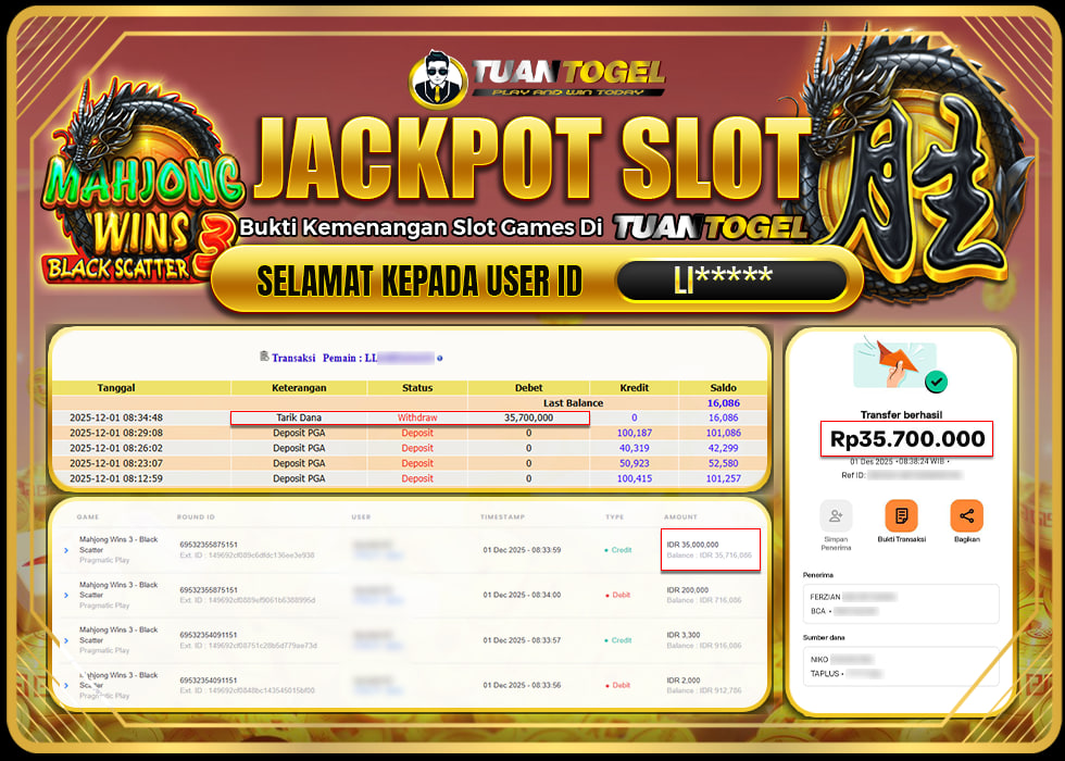TUANTOGEL JACKPOT SLOT MAHJONG WINS 3 -BLACK SCATTER Rp35.700.000,- LUNAS