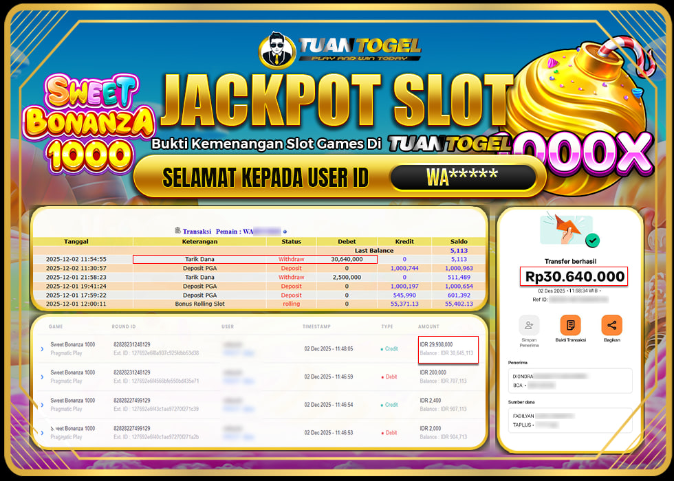 TUANTOGEL JACKPOT SLOT SWEET RUSH BONANZA 1000 Rp30.640.000, - LUNAS 