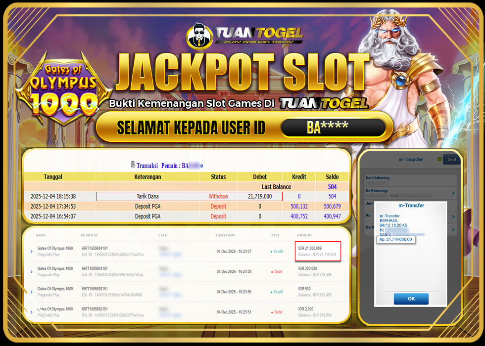 TUANTOGEL JACKPOT SLOT GATES OF OLYMPUS 1000 Rp 21.719.000,- LUNAS