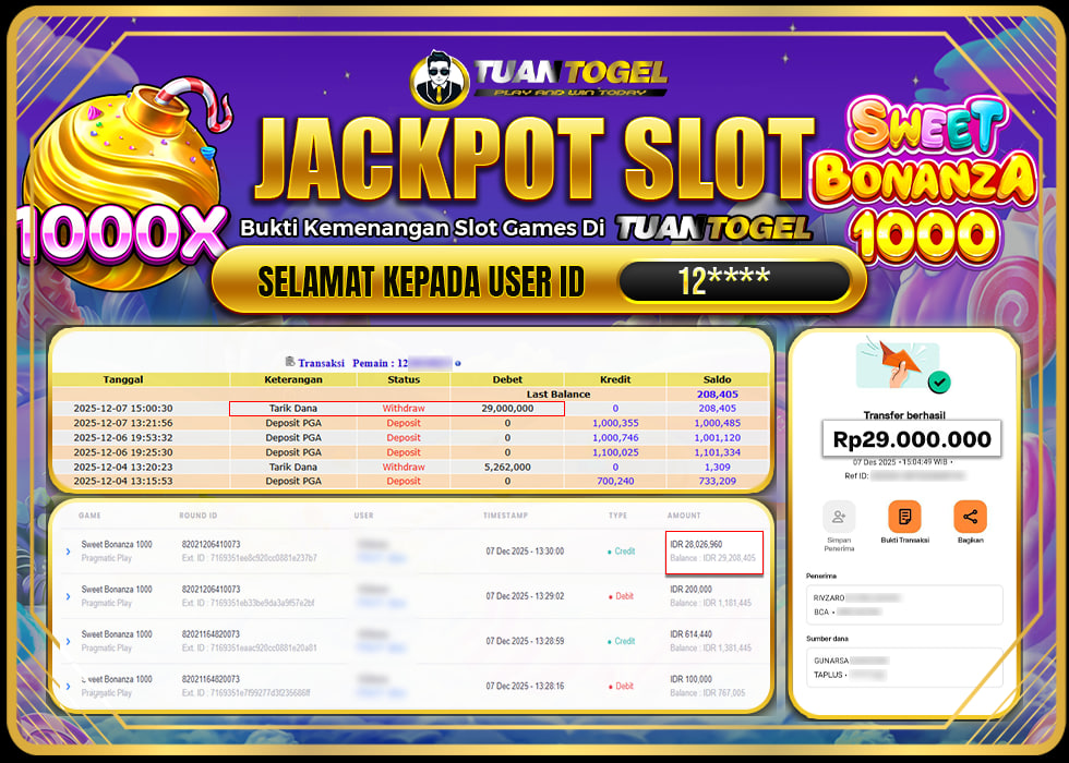 TUANTOGEL JACKPOT SLOT SWEET RUSH BONANZA 1000 Rp29.000.000, - LUNAS 