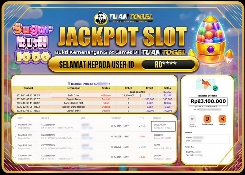 TUANTOGEL JACKPOT SLOT SUGAR RUSH 1000 Rp23.100.000, - LUNAS