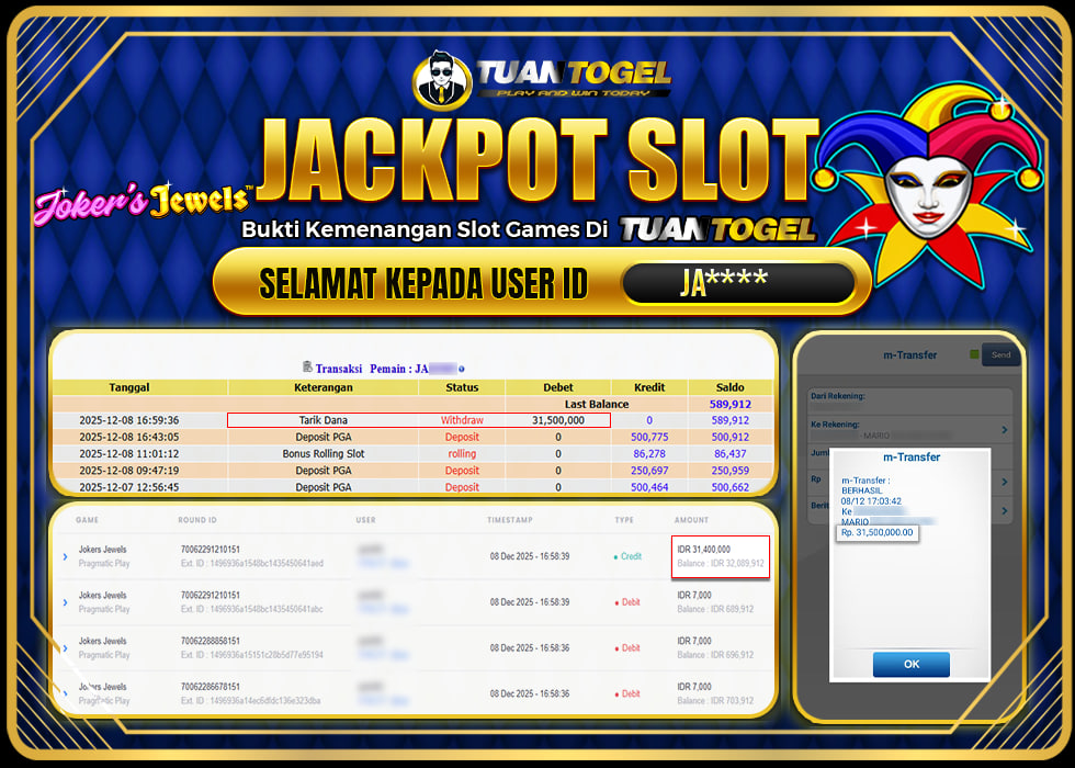 TUANTOGEL JACKPOT SLOT JOKERS JEWELS Rp31.500.000, - LUNAS