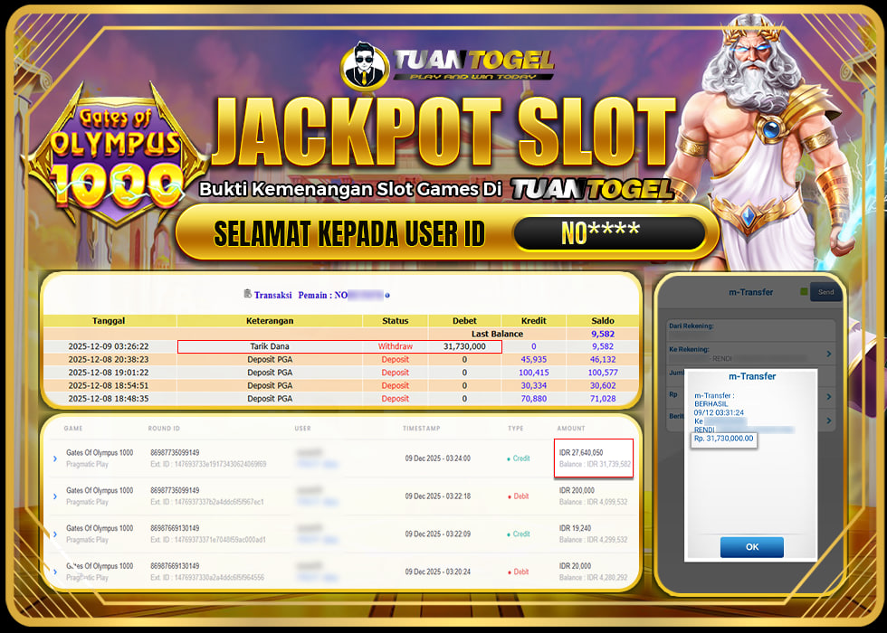 TUANTOGEL JACKPOT SLOT GATES OF OLYMPUS 1000 Rp 31.640.000,- LUNAS