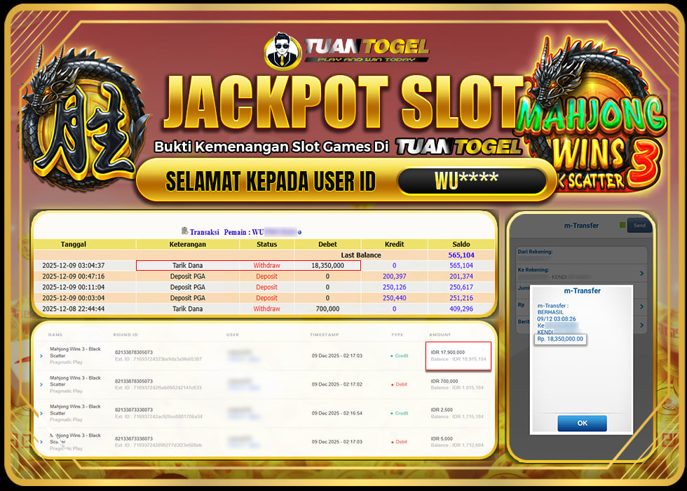 TUANTOGEL JACKPOT SLOT MAHJONG WINS 3 -BLACK SCATTER Rp18.350.000,- LUNAS