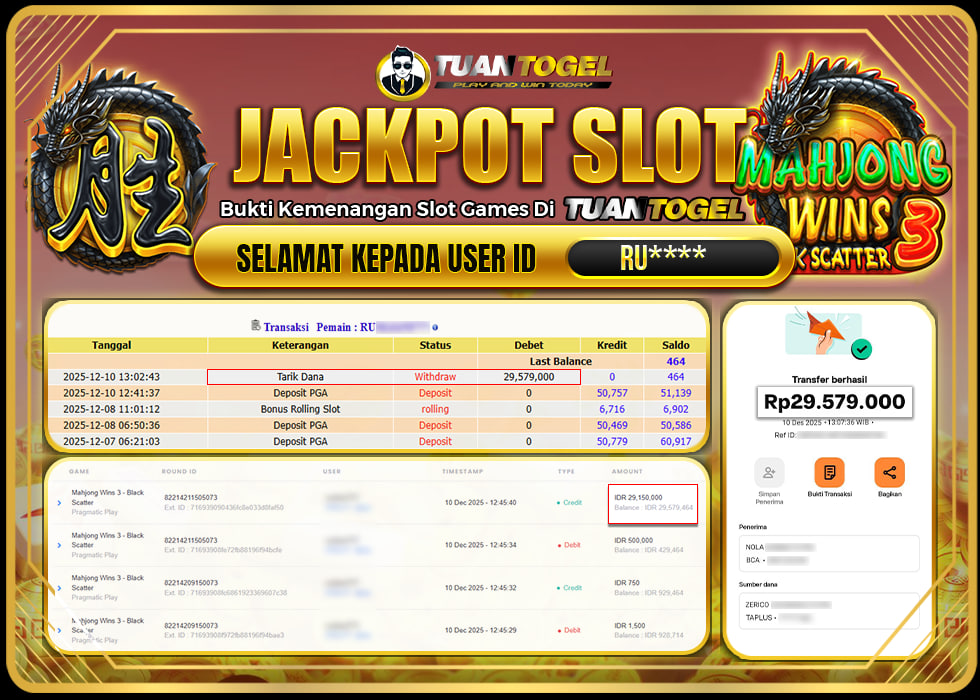 TUANTOGEL JACKPOT SLOT MAHJONG WINS 3 -BLACK SCATTER Rp29.579.000,- LUNAS
