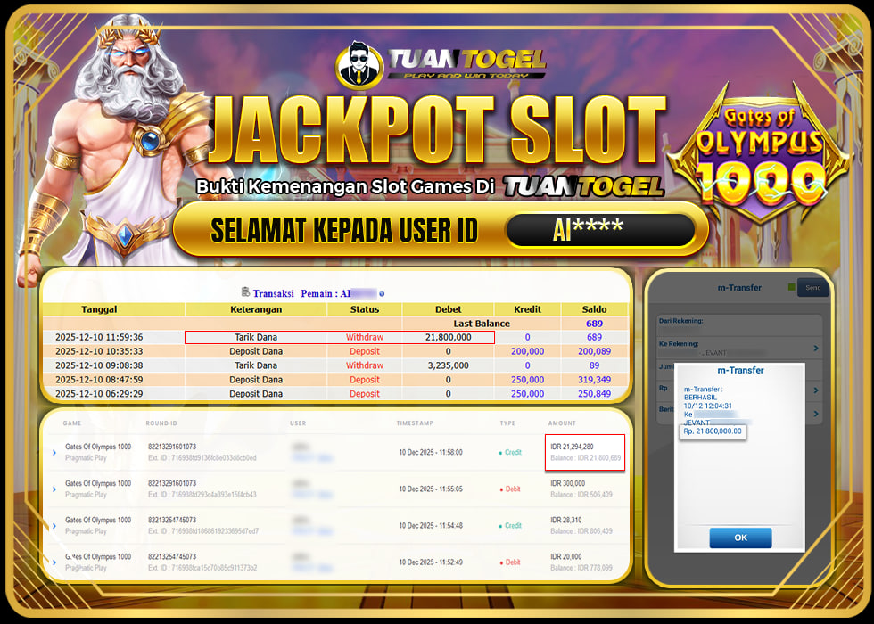 TUANTOGEL JACKPOT SLOT GATES OF OLYMPUS 1000 Rp 21.800.000,- LUNAS