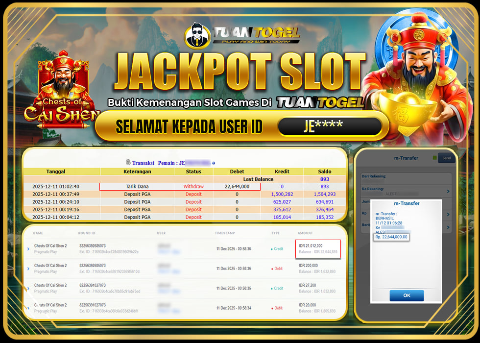 TUANTOGEL JACKPOT SLOT CHESTS OF CAI SHEN 2 Rp 22.644.000,- LUNAS