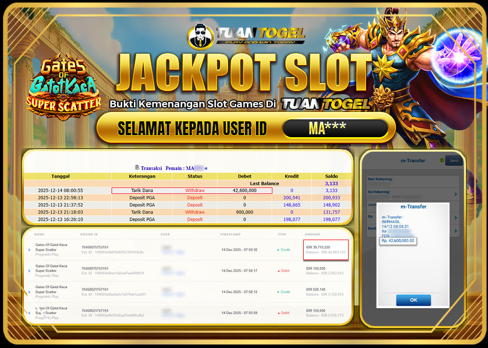 TUANTOGEL JACKPOT SLOT GATES OF GATOT KACA SUPER SCATTER  Rp42.600.000, - LUNAS