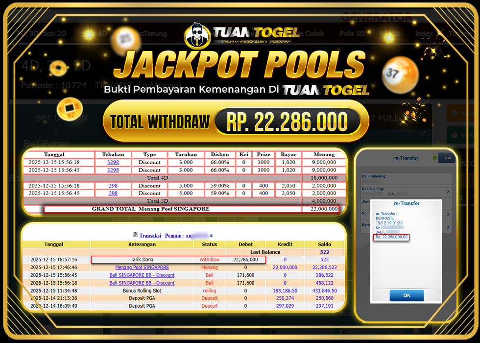 TUANTOGEL JACKPOT TOGEL SINGAPORE Rp22.286.000, - LUNAS