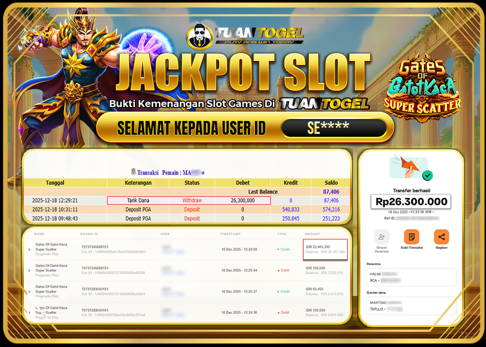 TUANTOGEL JACKPOT SLOT GATES OF GATOT KACA SUPER SCATTER  Rp26.300.000, - LUNAS