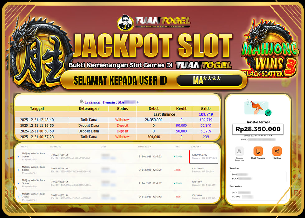 TUANTOGEL JACKPOT SLOT MAHJONG WINS 3 -BLACK SCATTER Rp28.350.000,- LUNAS