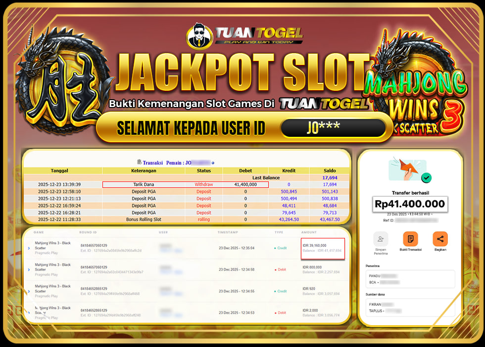 TUANTOGEL JACKPOT SLOT MAHJONG WINS 3 -BLACK SCATTER Rp41.400.000,- LUNAS