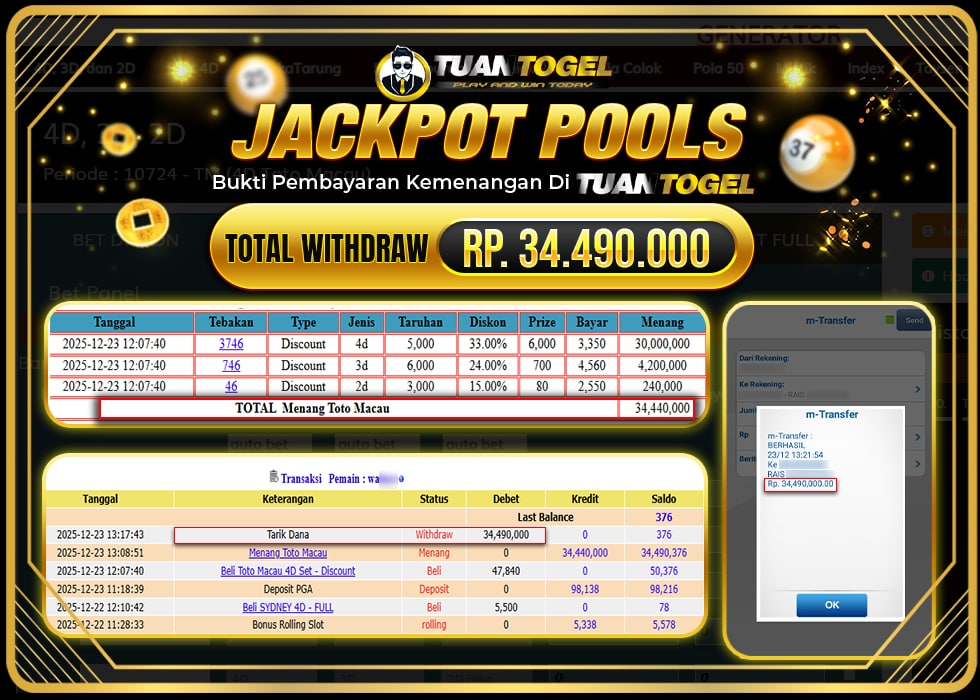 TUANTOGEL JACKPOT TOGEL TOTO MACAURp34.490.000, - LUNAS