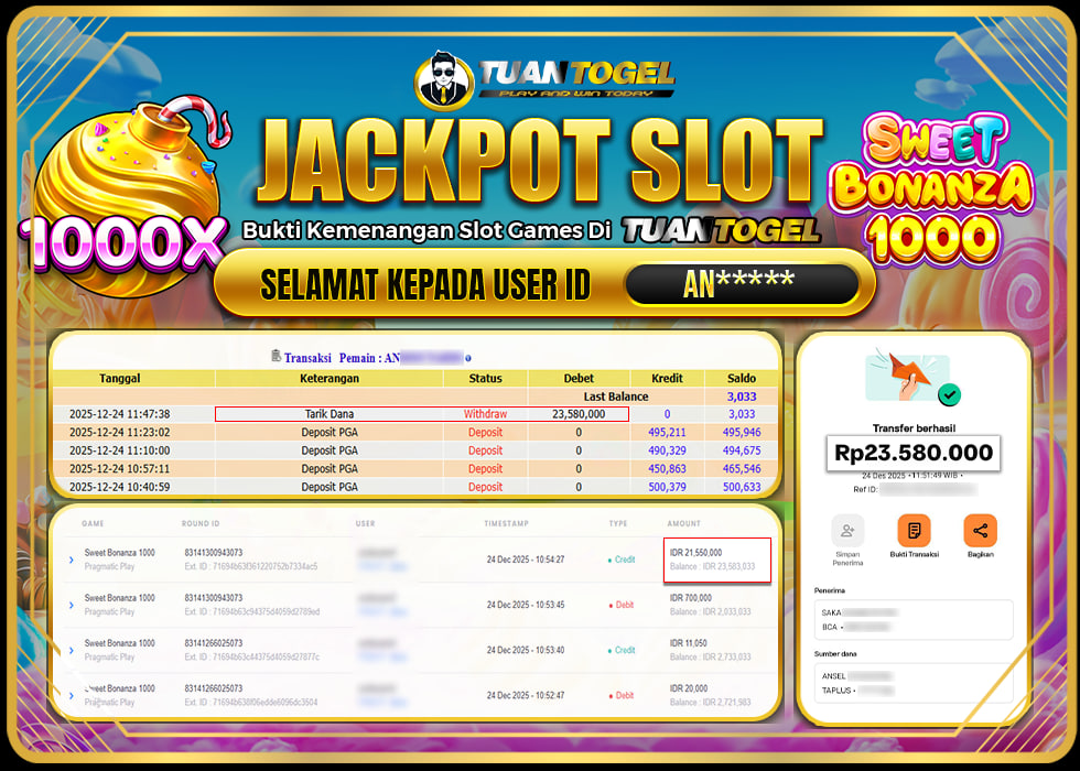 TUANTOGEL JACKPOT SLOT SWEET BONANZA 1000 Rp23.580.000, - LUNAS 