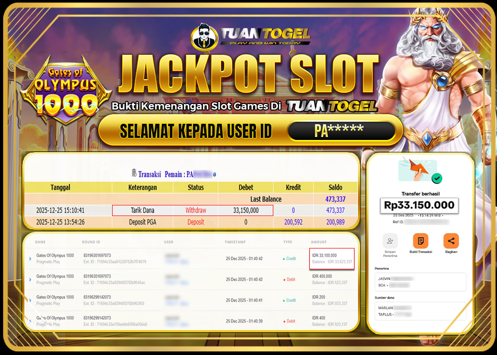TUANTOGEL JACKPOT SLOT GATES OF OLYMPUS 1000 Rp33.150.000,- LUNAS