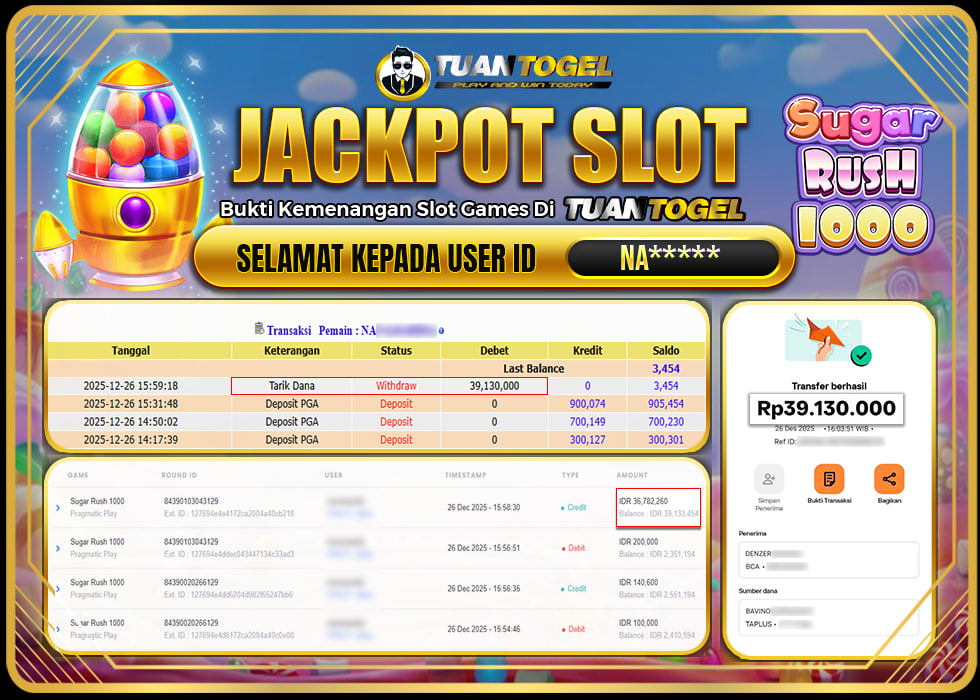 TUANTOGEL JACKPOT SLOT SUGAR RUSH 1000 Rp39.130.000, - LUNAS