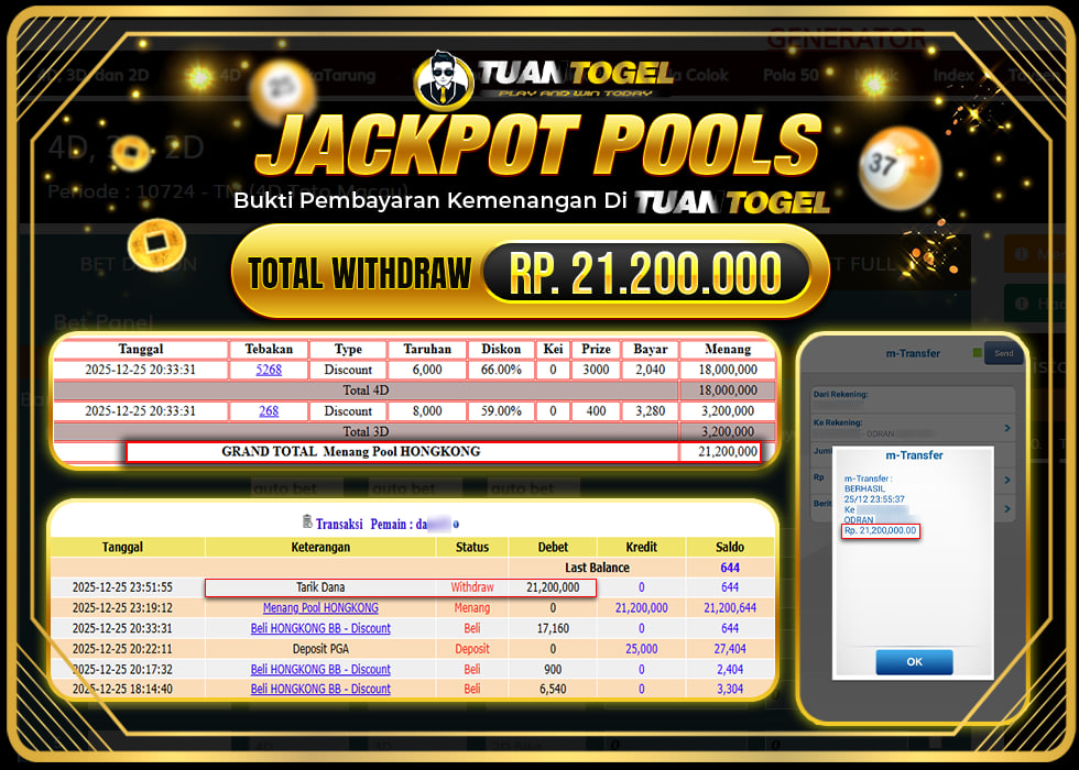 TUANTOGEL JACKPOT TOGEL HONGKONG Rp21.200.000,- LUNAS  