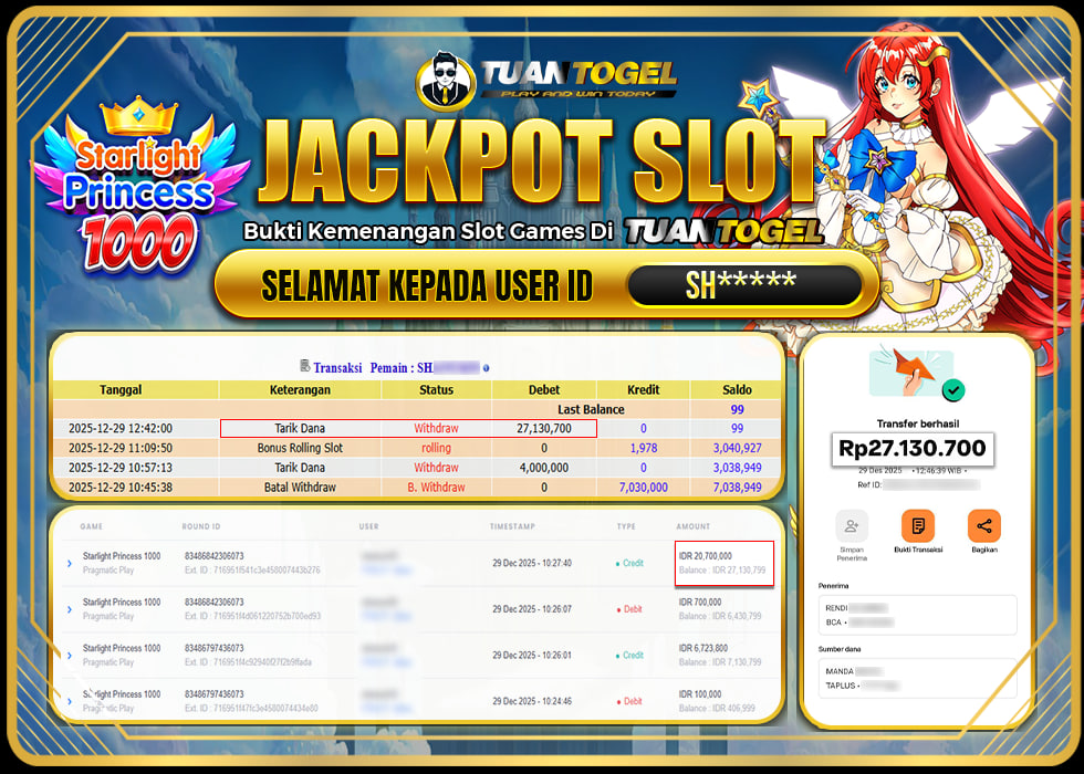 TUANTOGEL JACKPOT SLOT STARLIGHT PRINCESS 1000 Rp27.130.700